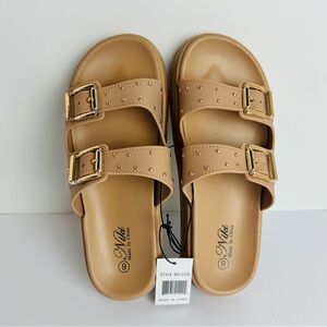 NWT Niki Slip On Sandals Women's 9 Tan Wide Strap Gold Buckle Studded Sandals